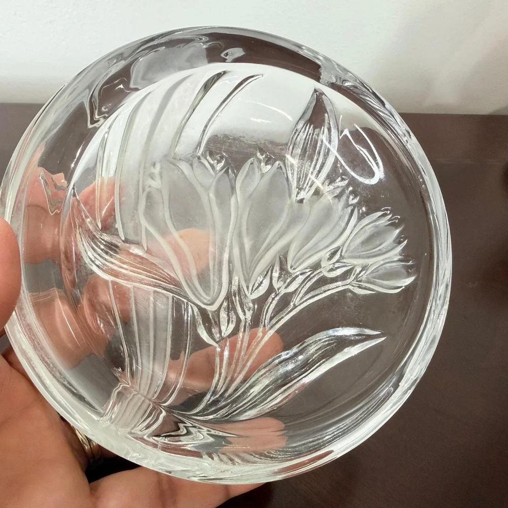 Vintage Mikasa Crystal Floral Etched Trinket Dish Round Vanity Catchall Dish